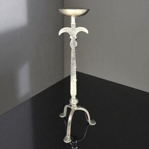 Vintage Brutalist Pewter 15" Candle Holder Hammered Metal 3 Footed Design Art